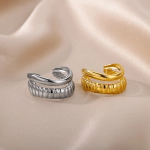 Double-layered 18k gold and silver plated ear cuffs with textured striped design