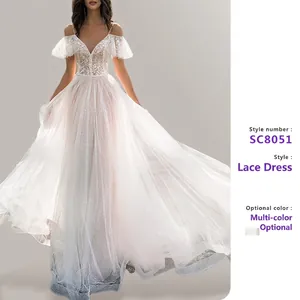 White Wedding Dress Lace Off Shoulder Deep V Neck Tulle Sequins Bridal Gown Elegant Plus Size For Women