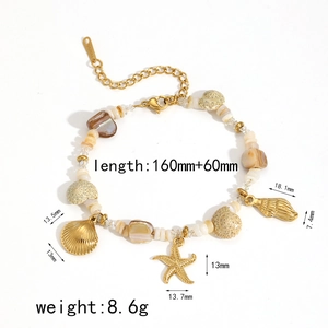 Gold stainless steel ocean bracelet with shell and starfish charms, 160mm adjustable length