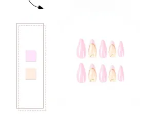Close-up of pink almond press-on nails with golden glitter French line art details