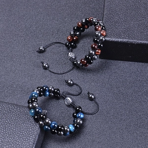 Double layer blue tiger eye and hematite beaded woven bracelet with adjustable cord