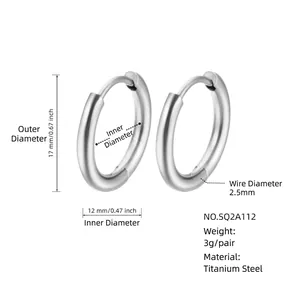 French style 17mm silver titanium steel hoop earrings with 2.5mm width and clasp closure