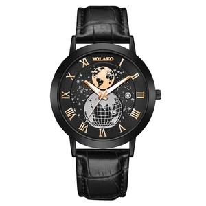 Fashion Men Quartz Watch Business Calendar Analog Wristwatch Earth Pattern Dial Roman Numerals Metal Case PU Leather Strap
