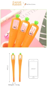 Close-up of 17.2cm carrot shaped gel pen with cute rabbit and green silicone leaf details
