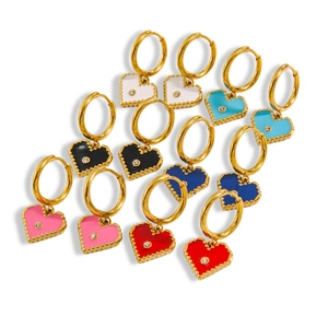 Colorful heart enamel earrings in 14K gold plated stainless steel with crystals