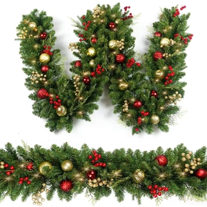 Artificial Christmas Garland Pre-lit With LED Lights Red Berries Ornaments For Holiday Party Mantle Staircase Decor
