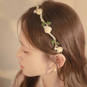 French retro gold vine headband with white roses and pearls for elegant winter styling