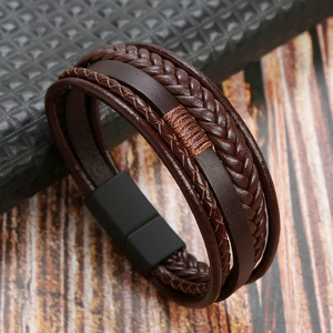 Detailed close-up of dark brown multi-layer leather bracelet with black magnetic clasp