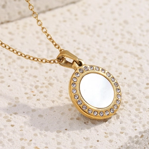 18K gold plated stainless steel necklace with shell inlay and crystal pendant