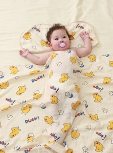 Soft bamboo cotton gauze swaddle blanket and pillow with cute yellow duck patterns