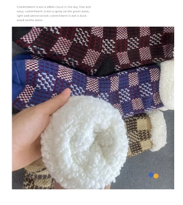 Close-up of thick fleece lining and classic plaid knit thermal floor socks for winter