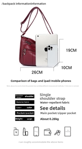 Detailed size chart showing dimensions 26x19x10cm for the multi-pocket shoulder bag
