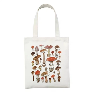 Off-white canvas tote bag featuring a vintage hand-drawn mushroom botanical print design