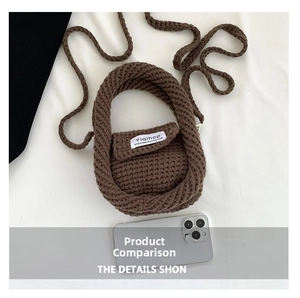 Detailed size comparison of a brown knitted mini crossbody bag next to a smartphone
