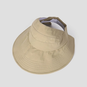 Top view of beige large brim sun visor hat with textured quick-dry fabric detailing
