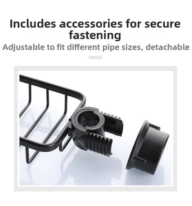 Detail view of the adjustable clip structure for black metal faucet storage rack