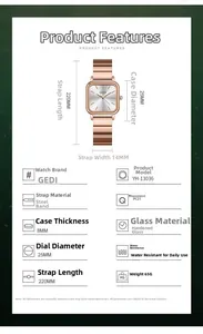 Detail view of rose gold square watch with specifications including 25mm case and steel band