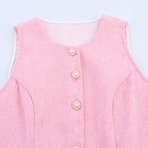 Ärmellose Weste aus rosa Tweed für Damen mit Perlenknöpfen und strukturierter Oberfläche
