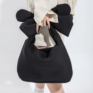 Women Nylon Tote Handbag Large Bow Handle Padded Puffer Style Street Fashion Harajuku Zipper Closure