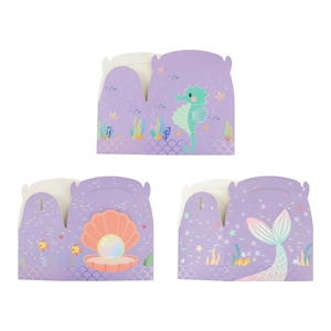 Purple mermaid themed gift boxes for treats and party favors with seahorse patterns
