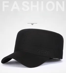 Detail of black winter cadet cap for men with SPORT embroidery and ear protection
