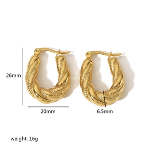 Double-layered 18K gold plated stainless steel twisted rope C-shaped hoop earrings