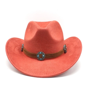 Detail of coral suede western hat featuring brown leather band and turquoise metal studs