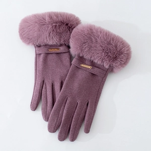 Lilac winter gloves for women with faux fur trim and gold metal logo buckle detail