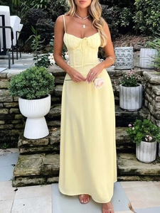 Solid Color Spaghetti Strap Maxi Dress Lace Up Back Drawstring Sweetheart Neckline Elegant High Waist A-Line For Women