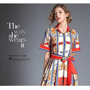 Vintage short sleeve dress with baroque chain print and red waist tie for women