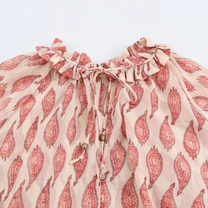 Women's paisley print chiffon shirt with gold stripes, ruffle neck and tassel drawstrings