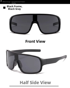 Front and profile views of oversized matte black outdoor cycling shield sunglasses