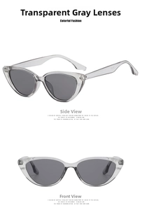 Detail view of transparent grey cat eye sunglasses with grey lenses and frame model number