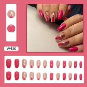Short ballet rose red glitter press-on nails set with gradient pink sequins W430
