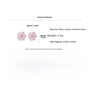 Detail view showing pink acrylic flower stud earrings with pearl centers and silver needles