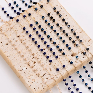 Vintage stainless steel beaded necklace with champagne, pink and blue crystal beads on gold chain