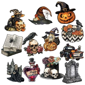 Detail of 12 vintage Halloween magnetic decals including black cats, skulls and pumpkins