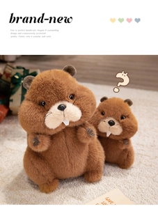 Detailed view of soft brown beaver plush toys in two sizes with realistic textures