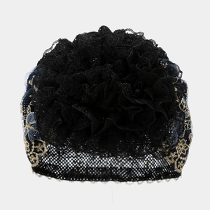 Women's elegant black lace turban hat with floral applique and gold embroidery