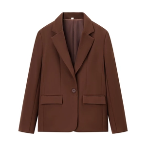 Women's professional brown single-breasted blazer with classic lapels and flap pockets