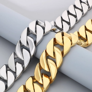 Polished 43mm stainless steel wide Cuban link chain necklace in gold and silver finishes