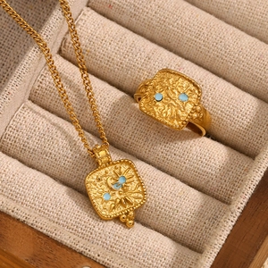 Celestial Sun Moon Star Square Pendant Necklace Hammered Blue Stone Ring Stainless Steel 18K Gold Plated Vintage Jewelry