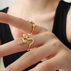 Irregular wavy gold ring with metallic beads minimalist open design for women