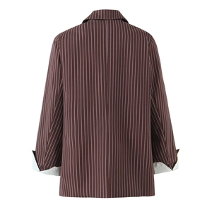 Back view of a loose-fit brown striped blazer for women with classic lapel detail
