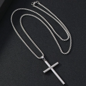 Polished silver stainless steel cross pendant necklace with box chain for men