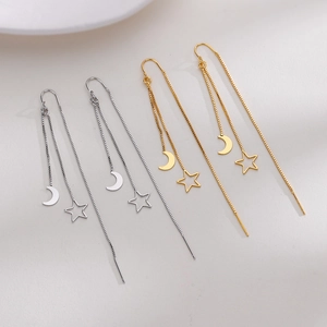 Elegant gold and silver star and moon tassel drop earrings with long box chain design