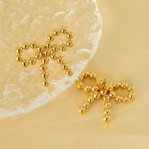 Elegant 18K gold plated stainless steel bow stud earrings with beaded texture design