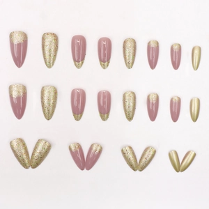 Elegant 24pcs almond press-on nails featuring gold glitter French tips and shimmering finish