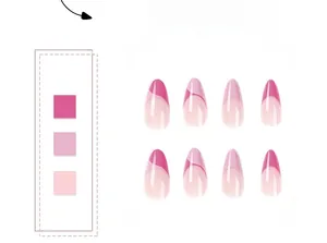 Détails de faux ongles en amande avec motifs ondulés rose et violet lilas doux