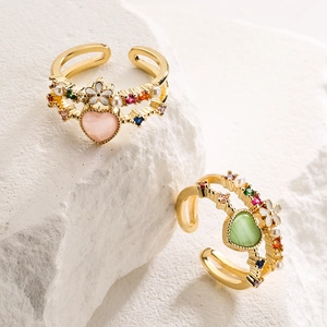 Copper Gold Plated Open Ring For Women Heart Cat Eye Stone Micro Inlaid Zircon Enamel Flower Layered Adjustable Jewelry